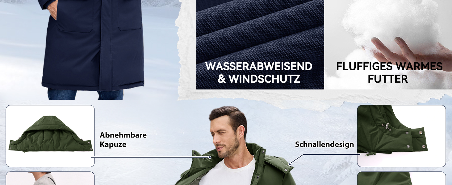 Чоловіча зимова куртка TOMEEK: теплий подовжений парка, вітрозахисний стібаний пуховик з капюшоном та кишенями, чорний, розмір XL