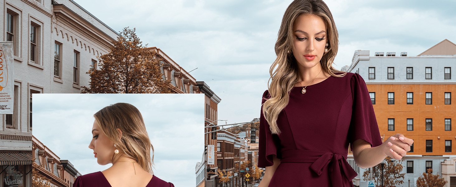 Сукня коктейльна Bbonlinedress жіноча з коротким рукавом, довжини міді, бордового кольору з поясом, для вечірок та весіль