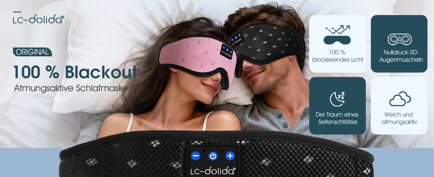Bluetooth маска для сну з навушниками LC-dolida, повна блокировка світла, м'яка тканина (Jet Black)