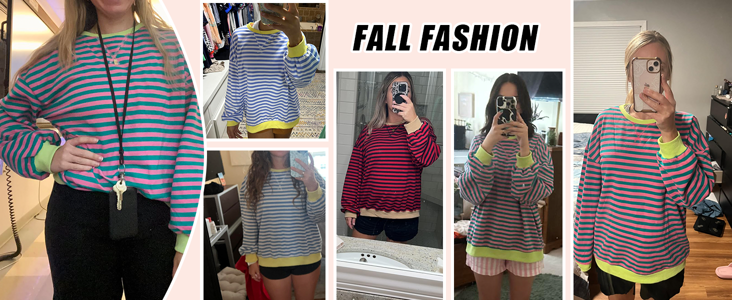 Жіночий світшот Chicrise Oversized у смужку, в'язаний лонгслів з круглим вирізом, рожево-зелений, розмір M