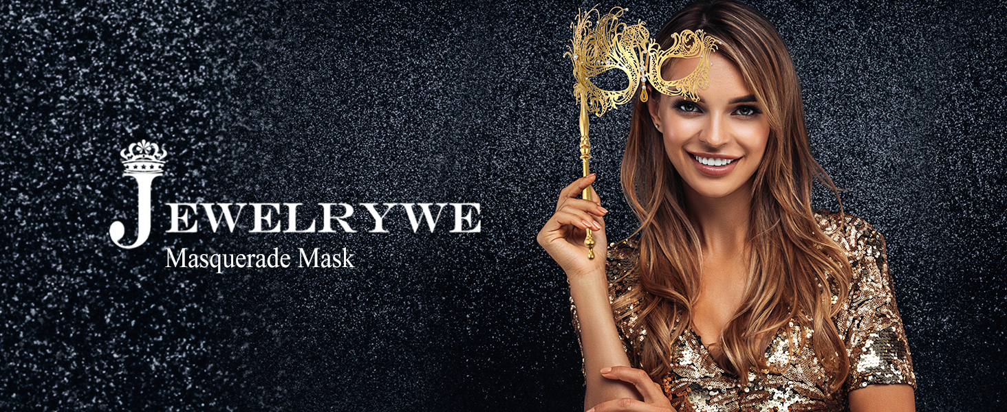 Набір з 3 венеціанських масок для жінок JewelryWe: металеві маски з стразами для карнавалу, Хелловіну, маскараду, з держателем