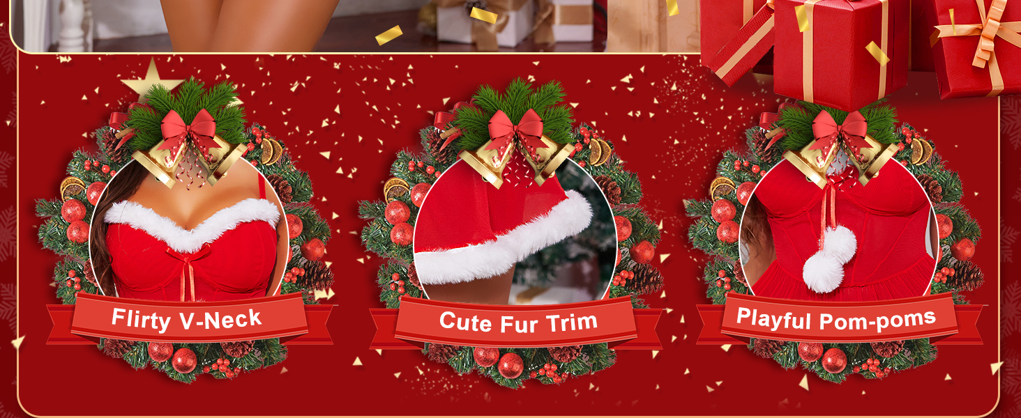 RSLOVE Сексуальна новорічна білизна для жінок - ніжна сорочка з помпонами з штучного хутра, святкова білизна, костюм XXL, червоний