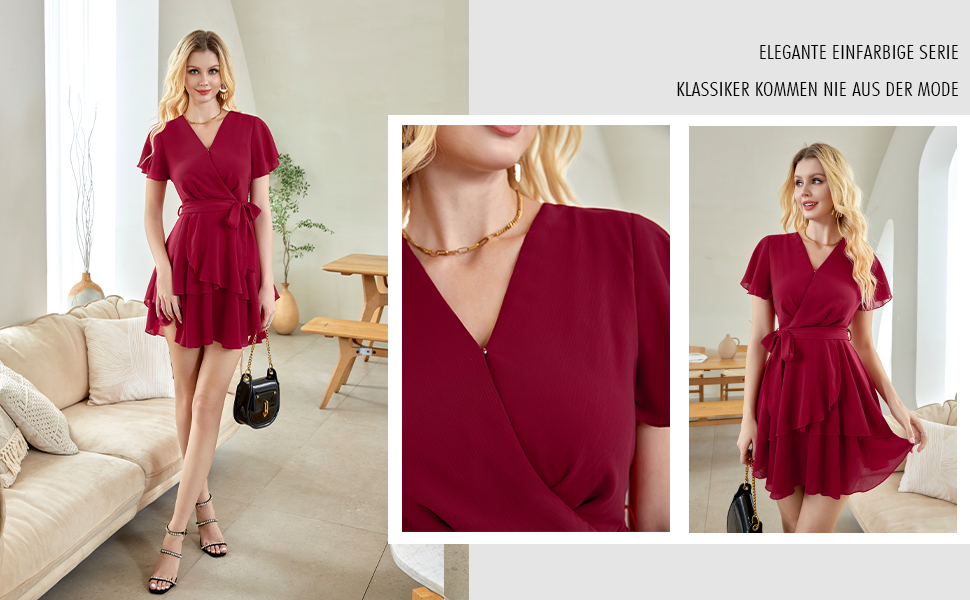 Сукня-туніка з шифону, коротка, з V-подібним вирізом, на короткий рукав, літня, однотонна, елегантна, з рюшами, міні, повсякденна, трапецієподібна, з високою талією, для вечірок, сукня-кокетка з поясом, колір вишневий, розмір S