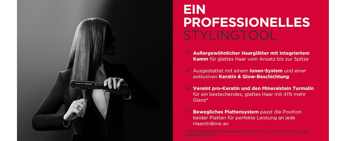 Випрямляч для волосся Rowenta x Karl Lagerfeld SF467L K/Pro Stylist з кератиновим покриттям Glow, іонною функцією та вбудованим гребенем, 140-210°C, чорно-червоний